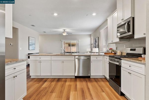 Interior, Kitchen, Recessed Lighting, Stainless Steel Appliances, Wood Texture Flooring