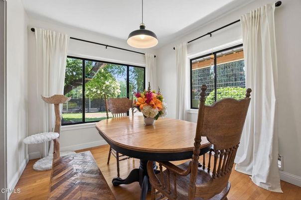 Dining room, Interior, Kitchen, Pendant Lights, Stainless Steel Appliances, Wood Texture Flooring