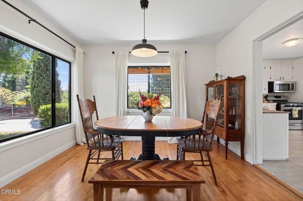 Dining room, Interior, Kitchen, Pendant Lights, Stainless Steel Appliances, Wood Texture Flooring