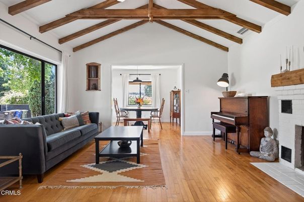 Fireplace, Interior, Pendant Lights, Piano, Wooden Beams, Wood Texture Flooring