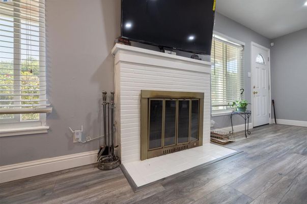 Fireplace, Interior, Recessed Lighting, Wood Texture Flooring