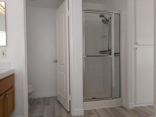 Bathroom, Glass Shower, Interior, Tile Countertops, Wood Texture Flooring