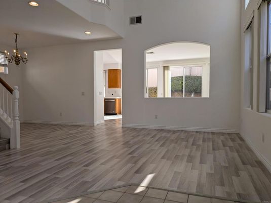 Chandelier, Empty room, Interior, Recessed Lighting, Wood Texture Flooring