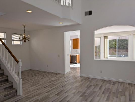 Chandelier, Empty room, Interior, Recessed Lighting, Wood Texture Flooring
