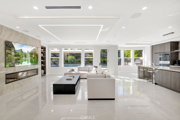 Fireplace, Interior, Kitchen, Living room, Recessed Lighting