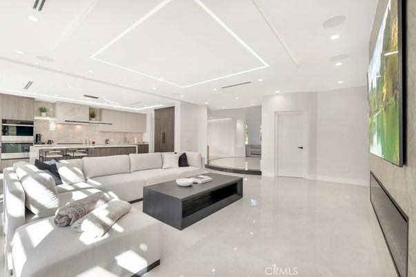 Interior, Kitchen, Living room, Marble Walls, Recessed Lighting, Stainless Steel Appliances