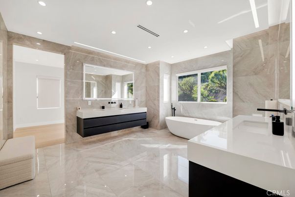 Bathroom, Dual Sink Vanities, Free Standing Baths, Interior, Marble Walls, Recessed Lighting
