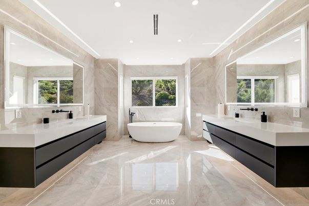 Bathroom, Dual Sink Vanities, Free Standing Baths, Interior, Marble, Marble Walls, Recessed Lighting