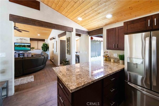 Interior, Kitchen, Living room, Recessed Lighting, Stainless Steel Appliances, Wooden Ceilings, Wood Texture Flooring