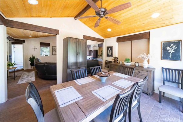 Dining room, Interior, Recessed Lighting, Wooden Beams, Wooden Ceilings, Wood Texture Flooring