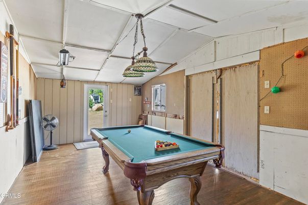 Billiard Table, Game Room, Interior, Pendant Lights, Wood Texture Flooring