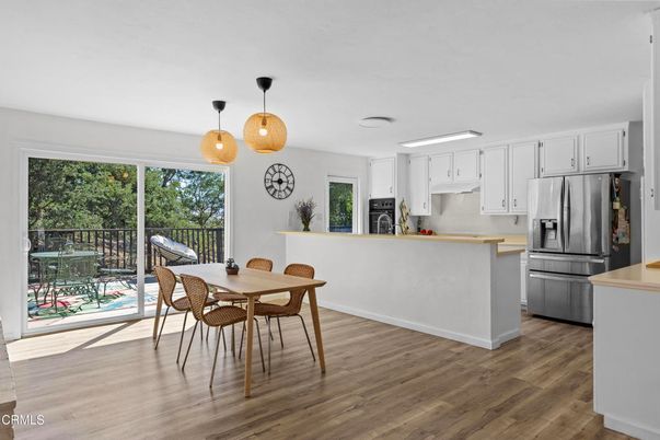 Dining room, Interior, Kitchen, Pendant Lights, Wood Texture Flooring