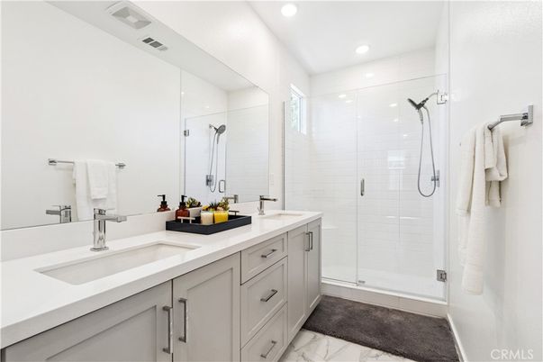 Bathroom, Dual Sink Vanities, Glass Shower, Interior, Marble, Recessed Lighting