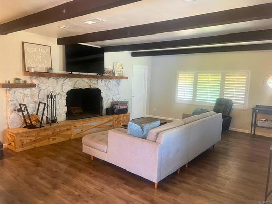 Fireplace, Interior, Living room, Recessed Lighting, Wooden Beams, Wood Texture Flooring