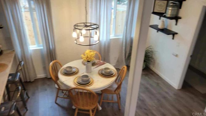 Dining room, Interior, Pendant Lights, Wood Texture Flooring