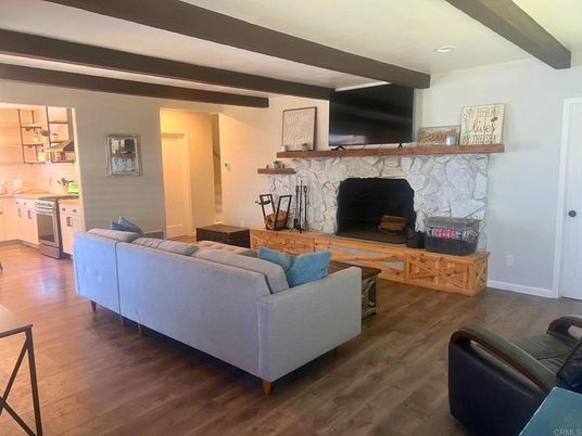 Fireplace, Interior, Living room, Recessed Lighting, Wooden Beams, Wood Texture Flooring