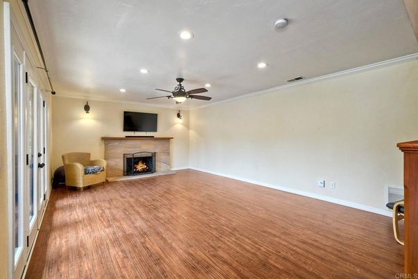 Empty room, Fireplace, Interior, Recessed Lighting, Wood Texture Flooring