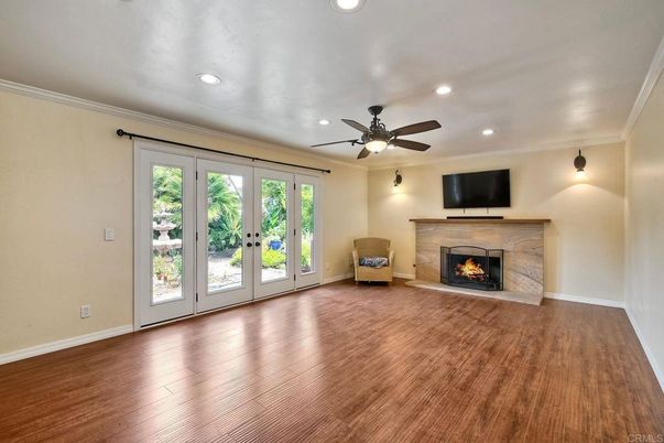 Empty room, Fireplace, Interior, Recessed Lighting, Wood Texture Flooring