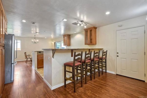 Chandelier, Dining room, Interior, Kitchen, Recessed Lighting, Wood Texture Flooring