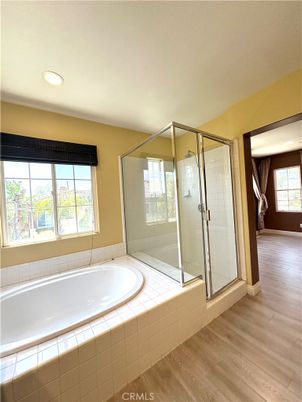 Bathroom, Glass Shower, Interior, Recessed Lighting, Wood Texture Flooring