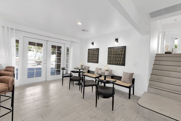 Dining room, Interior, Recessed Lighting, Wood Texture Flooring