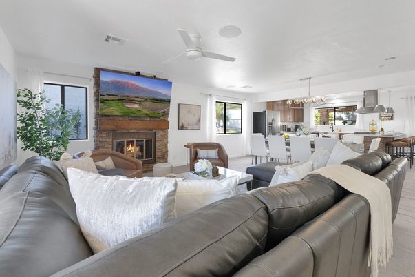 Dining room, Fireplace, Interior, Kitchen, Living room, Pendant Lights
