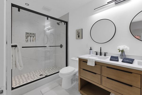 Bathroom, Glass Shower, Interior, Marble Walls, Recessed Lighting