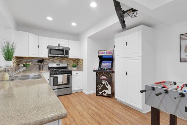 Interior, Kitchen, Recessed Lighting, Stainless Steel Appliances, Wood Texture Flooring