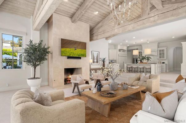 Fireplace, Interior, Kitchen, Living room, Pendant Lights, Recessed Lighting, Wooden Beams, Wooden Ceilings