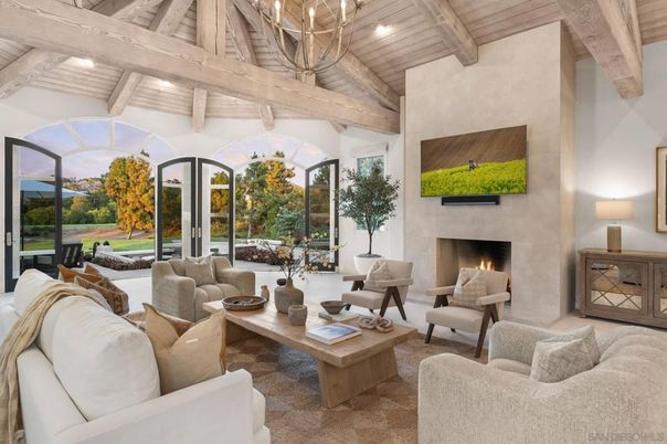 Chandelier, Fireplace, Interior, Living room, Recessed Lighting, Wooden Beams, Wooden Ceilings