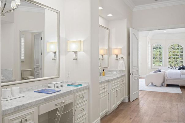 Bathroom, Dual Sink Vanities, Interior, Recessed Lighting, Wood Texture Flooring