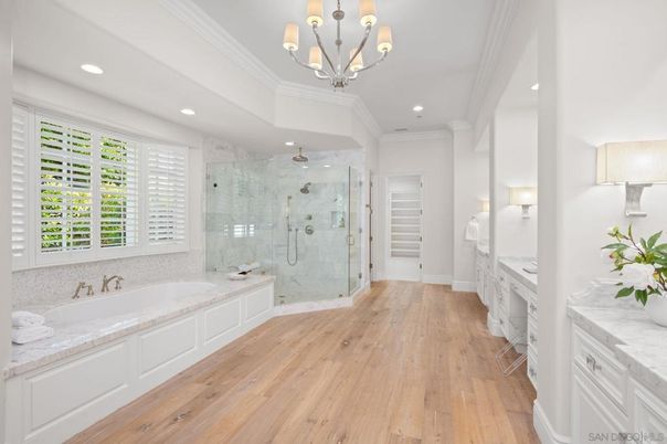 Bathroom, Chandelier, Glass Shower, Interior, Marble Walls, Recessed Lighting, Wood Texture Flooring