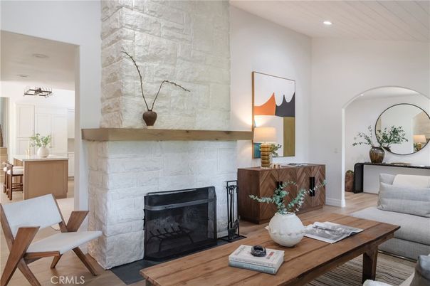 Fireplace, Interior, Recessed Lighting, Stone Walls, Wood Texture Flooring