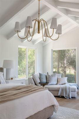 Bedroom, Chandelier, Interior, Wood Texture Flooring
