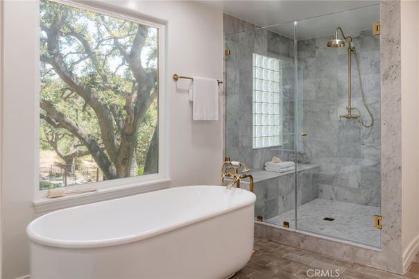 Bathroom, Free Standing Baths, Glass Shower, Interior, Marble Walls