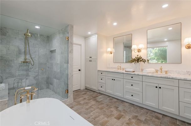 Bathroom, Dual Sink Vanities, Glass Shower, Interior, Marble Walls, Recessed Lighting