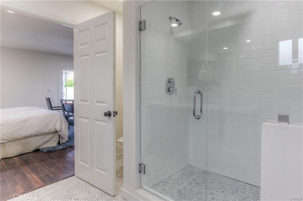 Bathroom, Bedroom, Glass Shower, Interior, Recessed Lighting, Wood Texture Flooring