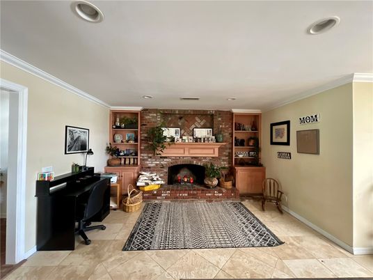 Fireplace, Home Office, Interior, Recessed Lighting, Stone Walls