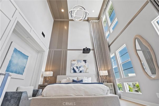Bedroom, Interior, Pendant Lights, Recessed Lighting, Wood Texture Flooring