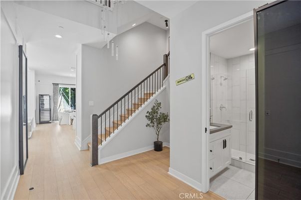 Bathroom, Glass Shower, Interior, Recessed Lighting, Wood Texture Flooring