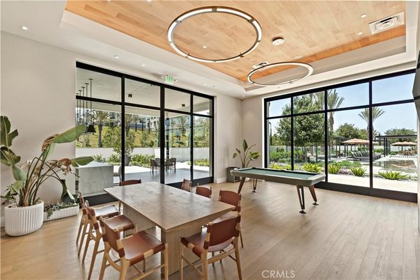 Billiard Table, Dining room, Game Room, Interior, Pendant Lights, Recessed Lighting, Wooden Ceilings, Wood Texture Flooring