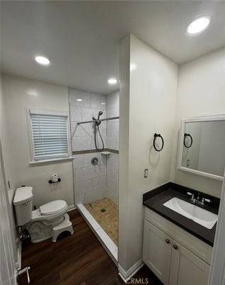 Bathroom, Interior, Marble Walls, Recessed Lighting, Wood Texture Flooring