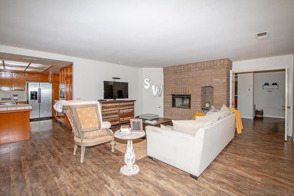Fireplace, Interior, Kitchen, Living room, Stone Walls, Wood Texture Flooring