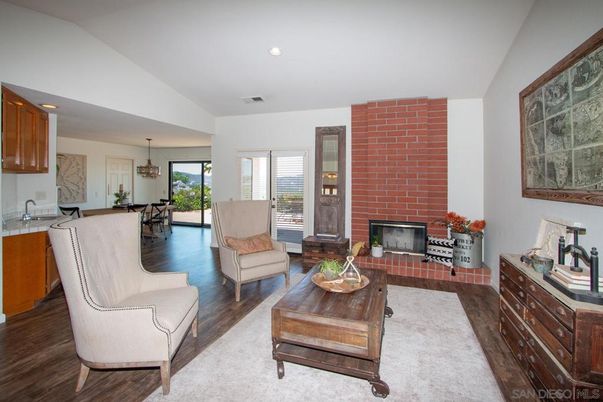 Dining room, Fireplace, Interior, Living room, Pendant Lights, Recessed Lighting, Stone Walls, Wood Texture Flooring