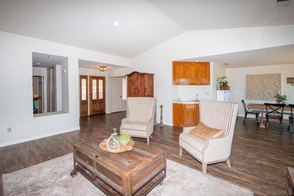 Dining room, Interior, Living room, Recessed Lighting, Wood Texture Flooring