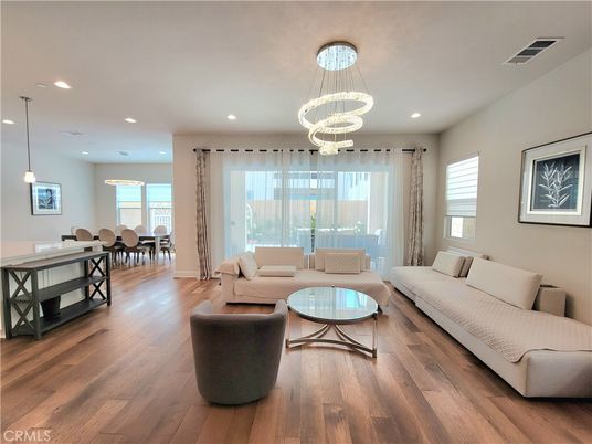 Dining room, Interior, Living room, Pendant Lights, Recessed Lighting, Wood Texture Flooring