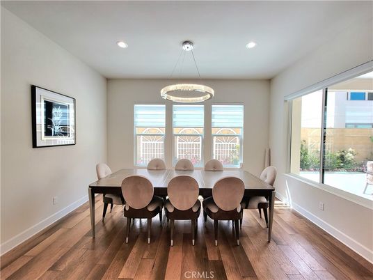 Dining room, Interior, Pendant Lights, Recessed Lighting, Wood Texture Flooring