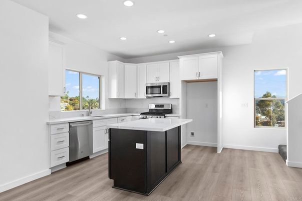 Interior, Kitchen, Recessed Lighting, Stainless Steel Appliances, Wood Texture Flooring