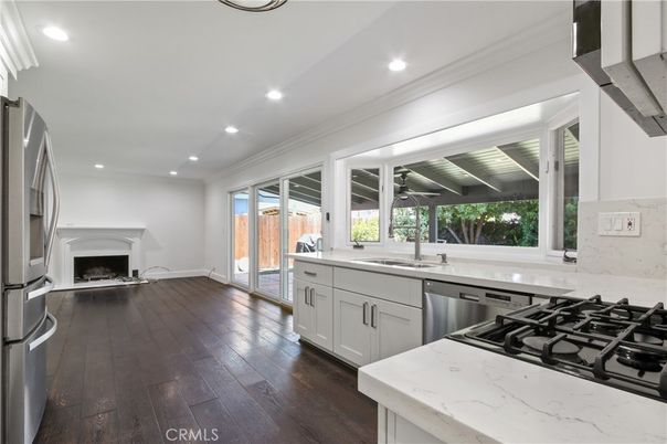 Empty room, Fireplace, Interior, Recessed Lighting, Wood Texture Flooring