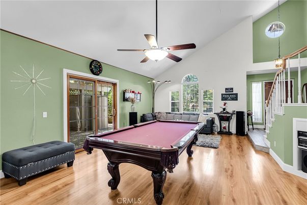 Billiard Table, Game Room, Interior, Pendant Lights, Wood Texture Flooring